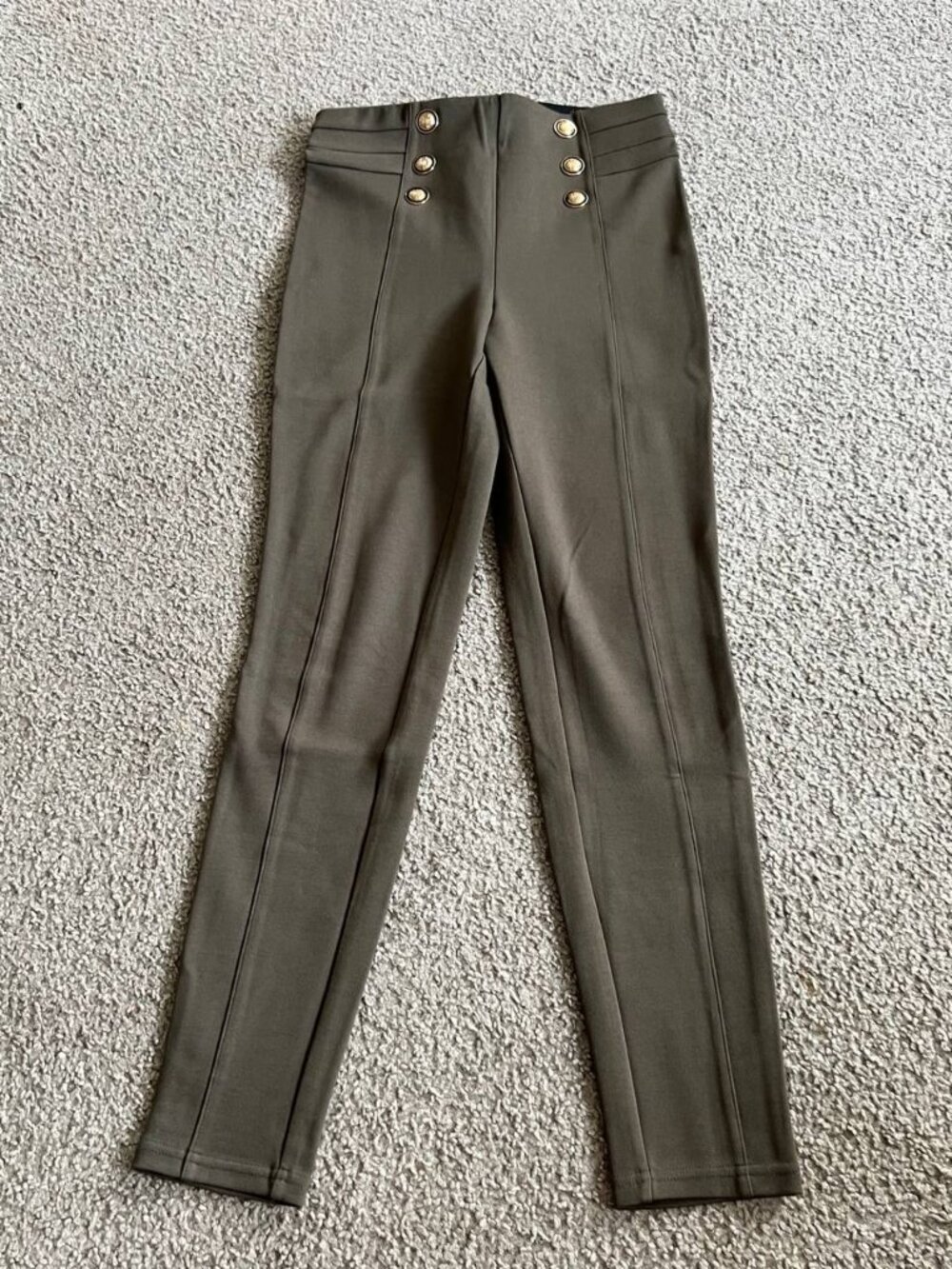 Zara Leggings Womens Small Green High Rise Button Detail Waist Skinny Leg